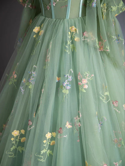 Green Floral Tulle Long Prom Dress, Beautiful A-Line Evening Formal Dress HZ1024