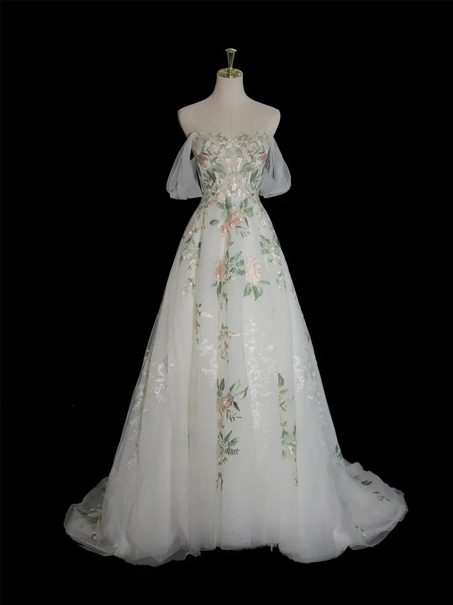 A-Line Tulle Floral Lace Long Prom Dress, White Off the Shoulder Evening Party Dress HZ1024