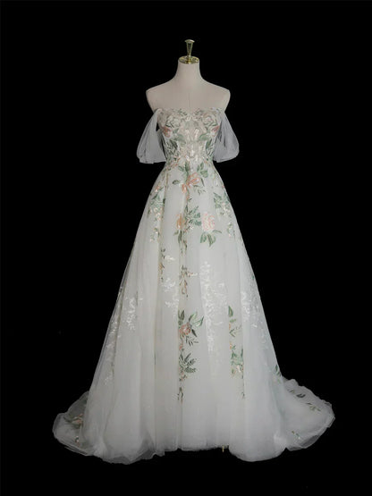 A-Line Tulle Floral Lace Long Prom Dress, White Off the Shoulder Evening Party Dress HZ1024