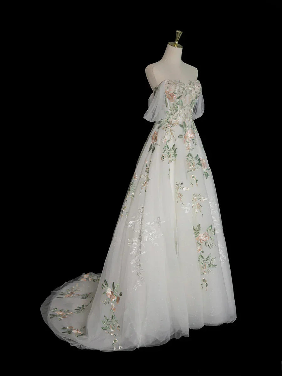 A-Line Tulle Floral Lace Long Prom Dress, White Off the Shoulder Evening Party Dress HZ1024