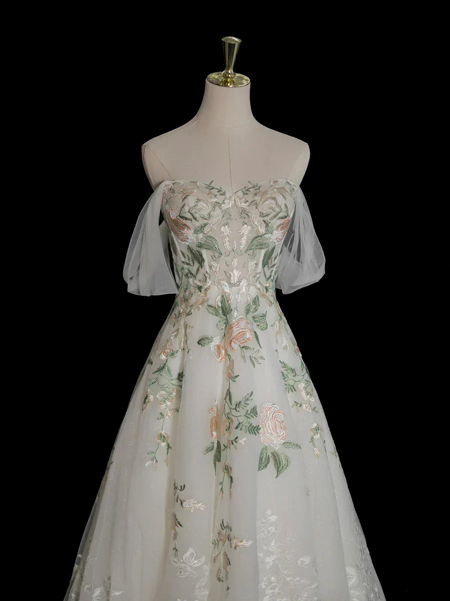 A-Line Tulle Floral Lace Long Prom Dress, White Off the Shoulder Evening Party Dress HZ1024