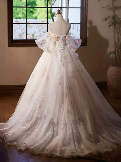 A-Line Tulle Floral Floor Length Prom Dress, Off the Shoulder Formal Party Dress HZ1024