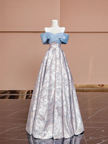 Blue Satin and Floral Pattern Floor Length Prom Dress, Off the Shoulder Evening Party Dress HZ1024