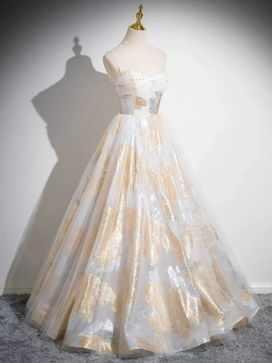 Beautiful Spaghetti Strap Floor Length Prom Dress, A-Line Floral Pattern Evening Party Dress HZ1024