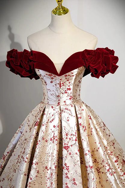 Beautiful Floral Satin Sweetheart Off Shoulder Prom Dress, Burgundy Long Satin Backless Party Dress HZ1024