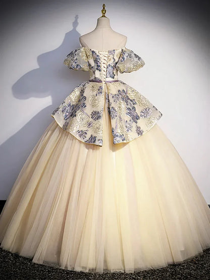 Champagne Floral Tulle Long Formal Dress, Off the Shoulder A-Line Evening Party Gown HZ1024