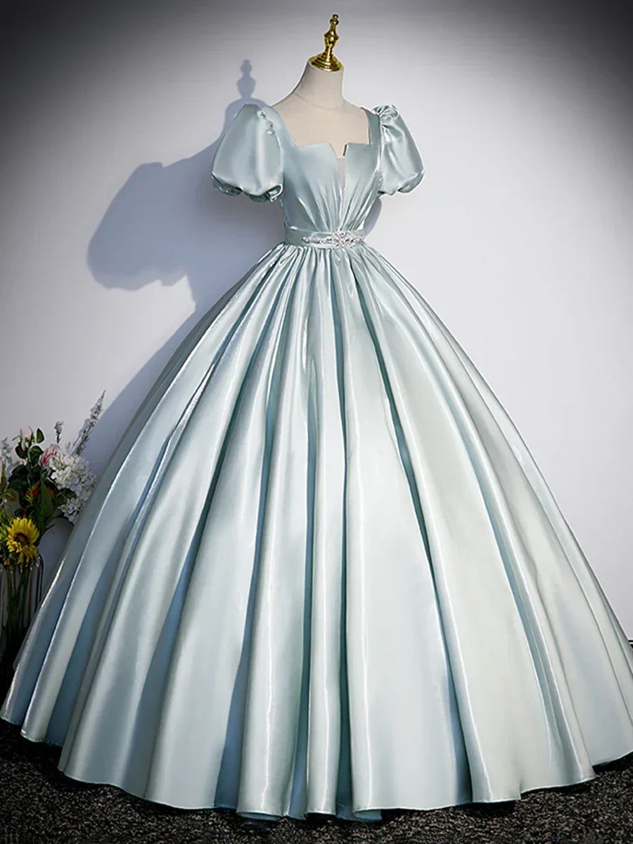 Beautiful Satin Floor Length Prom Dress, A-Line Short Sleeve Evening Party Dress HZ1024
