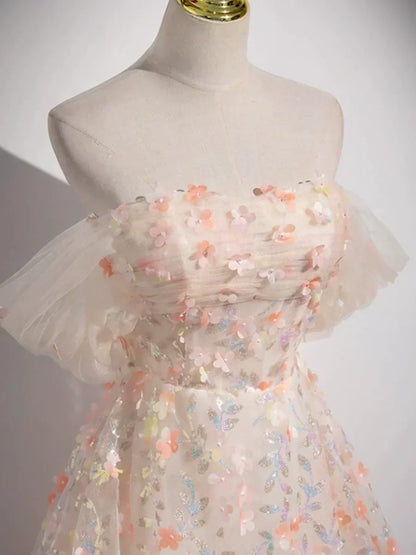 Lovely Three-dimensional Floral Floor Length Prom Dress, Off the Shoulder Evening Party Dress HZ1024