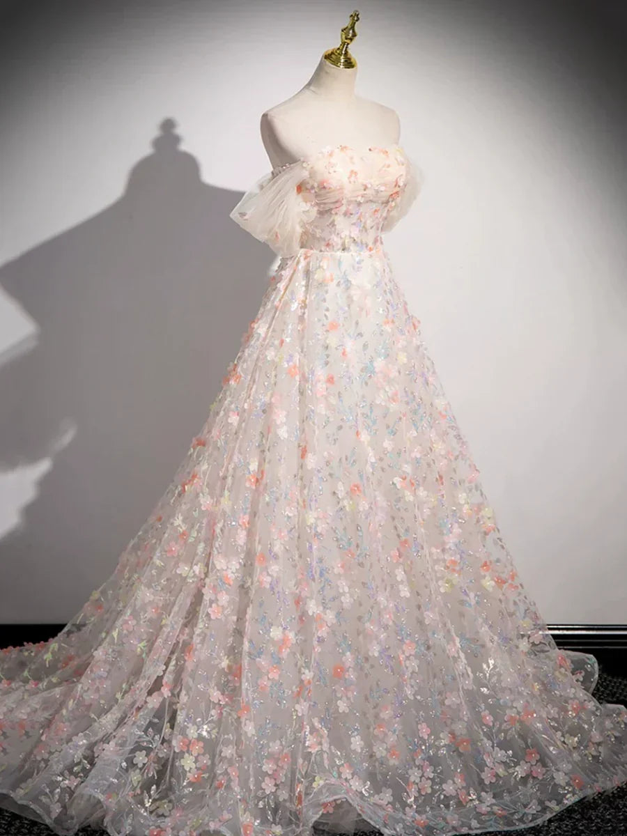 Lovely Three-dimensional Floral Floor Length Prom Dress, Off the Shoulder Evening Party Dress HZ1024