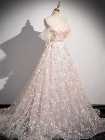 Lovely Three-dimensional Floral Floor Length Prom Dress, Off the Shoulder Evening Party Dress HZ1024