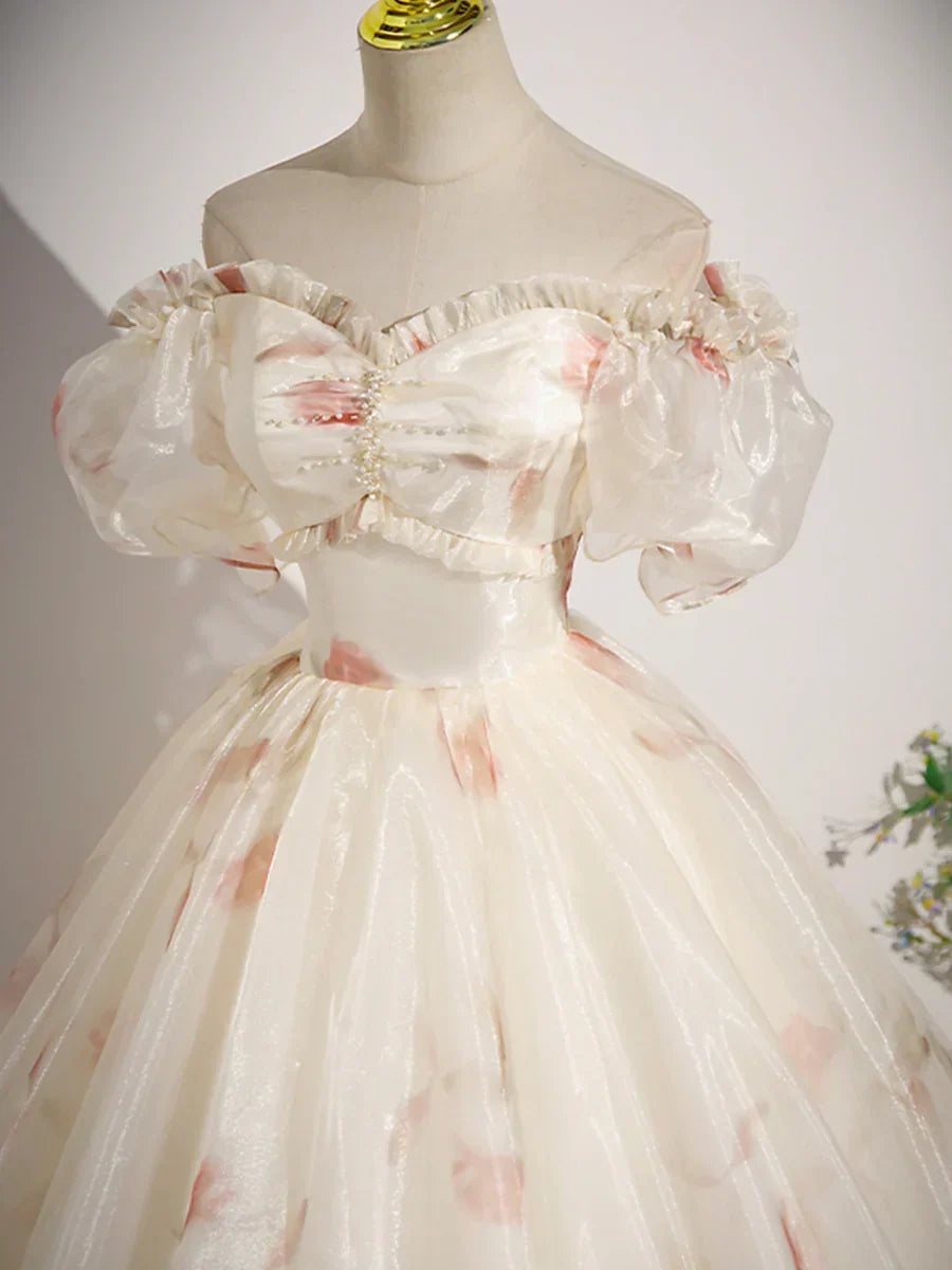 Champagne Floral Tulle Long Prom Dress, Beautiful Short Sleeve A-Line Evening Party Dress HZ1024
