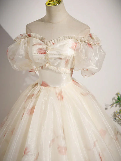 Champagne Floral Tulle Long Prom Dress, Beautiful Short Sleeve A-Line Evening Party Dress HZ1024