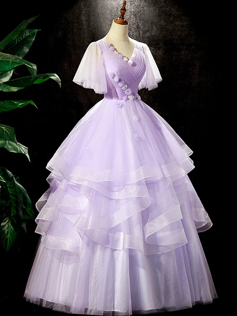 Fairy Purple Floral Floor Length Prom Dress, Beautiful V-Neck Party Birthday Dress HZ1024