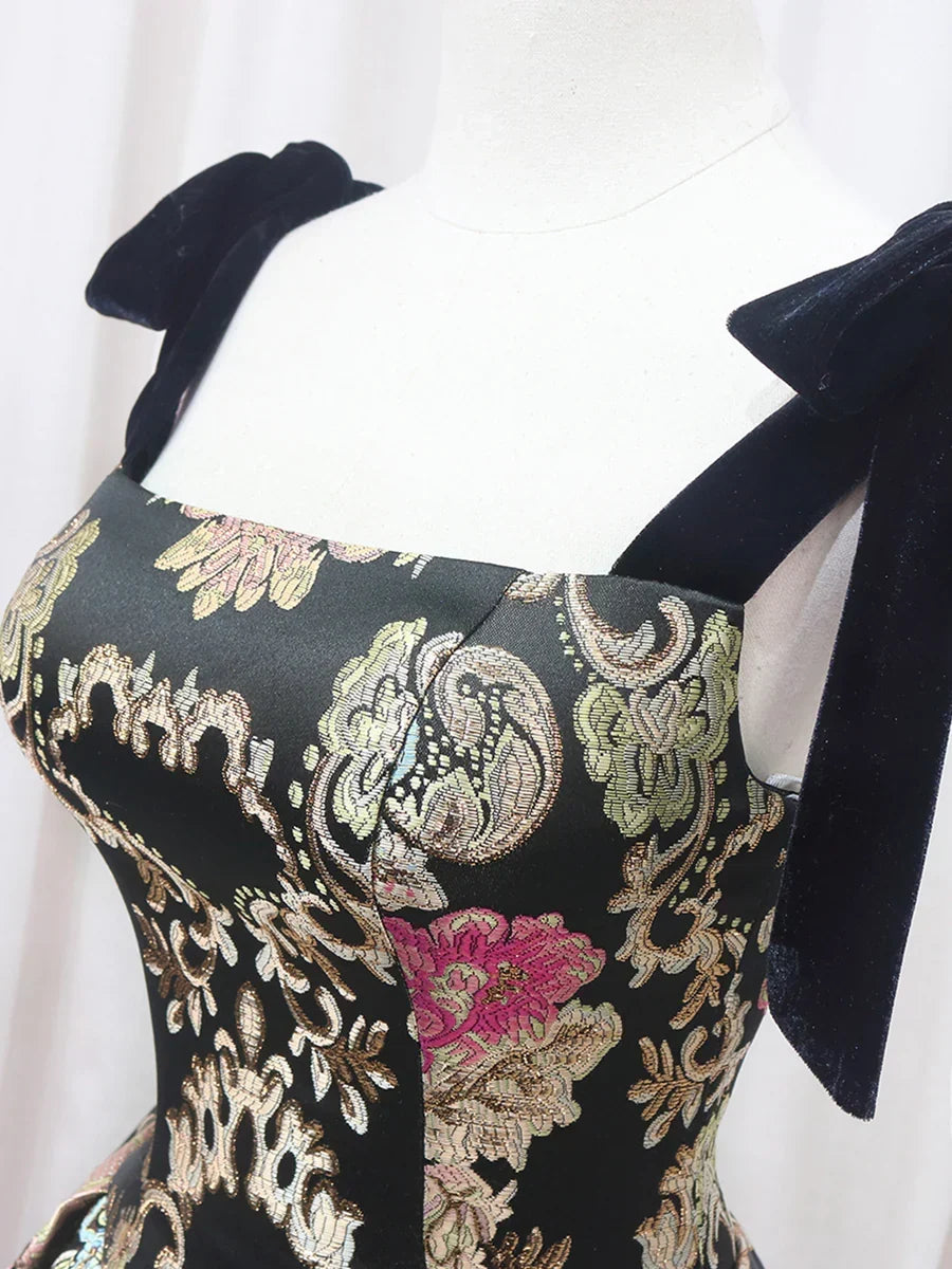 Black Floral Floor Length Prom Dress, A-Line Black Evening Dress HZ1024