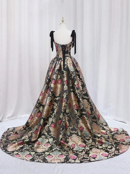 Black Floral Floor Length Prom Dress, A-Line Black Evening Dress HZ1024