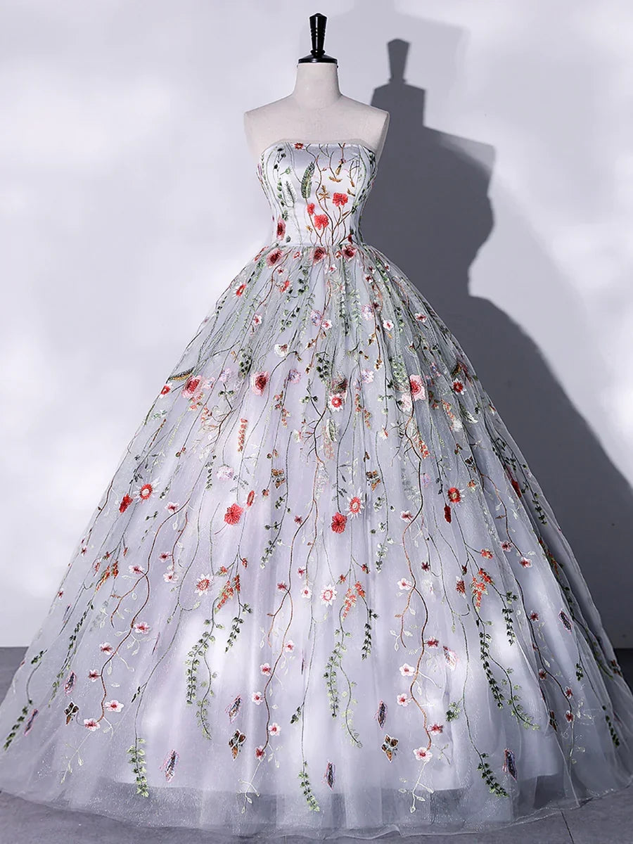 Lovely Strapless Floral Tulle Long Prom Dress, Gray A-Line Evening Party Dress HZ1024