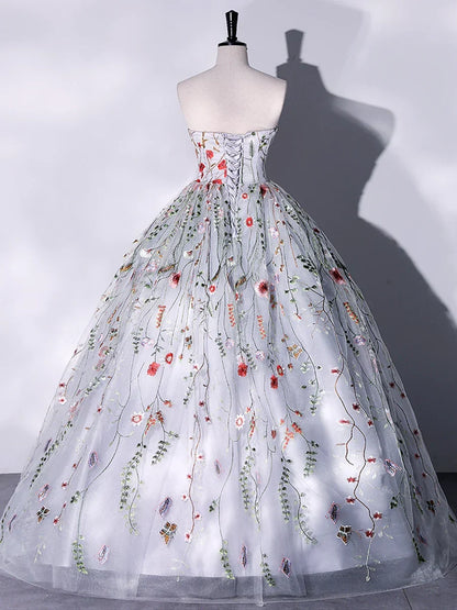 Lovely Strapless Floral Tulle Long Prom Dress, Gray A-Line Evening Party Dress HZ1024