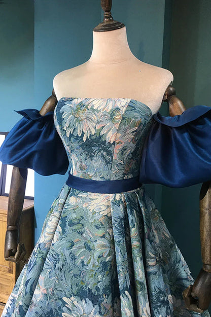 Blue Floral Long Senior Prom Dress, Blue A-Line Evening Dress HZ1024