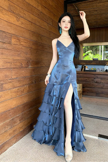Elegant Deep Slate Blue Spaghetti Strap High-Slit Crisscross Lace-Up Open Back Tiered Satin Long Prom Dress Evening Dress cc5408