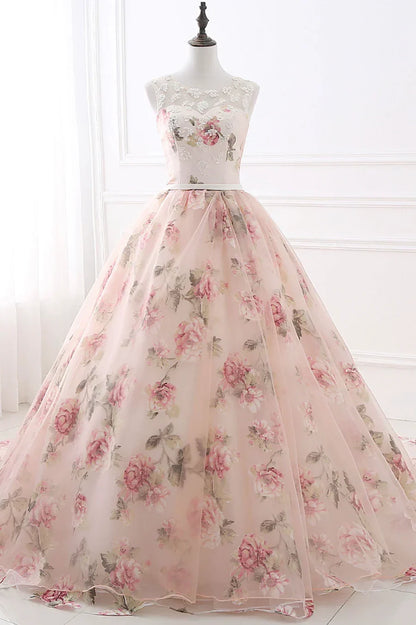 Pink Floral Pattern Lace Long Prom Dress, A-Line Formal Dress HZ1024