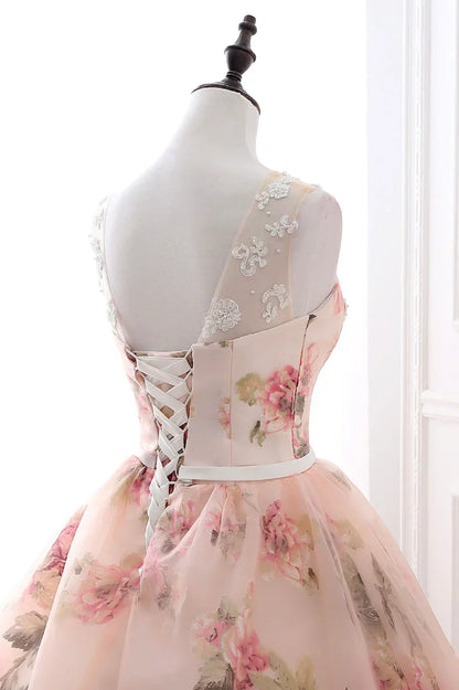 Pink Floral Pattern Lace Long Prom Dress, A-Line Formal Dress HZ1024