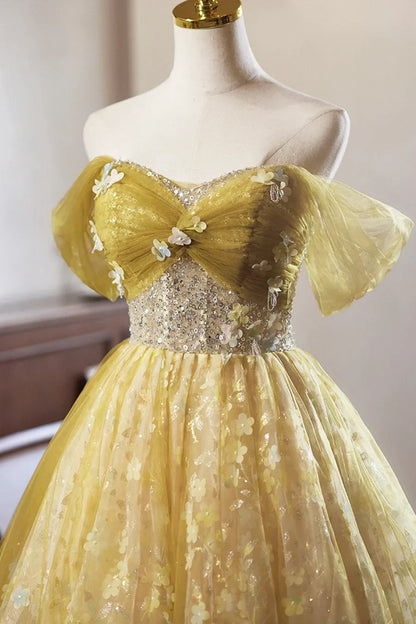 Yellow Floral Tulle Knee Length Prom Dress, Lovely A-Line Off the Shoulder Evening Party Dress HZ1024