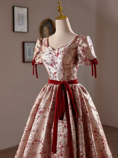 A-Line Floral Satin Short Prom Dress, Cute Short Sleeve Evening Homecoming Dress HZ1024