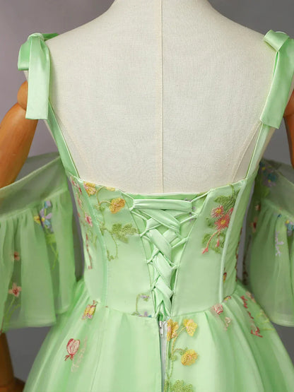 Light Green Tulle Floral Straps Long Formal Dress, Light Green Prom Dress HZ1024