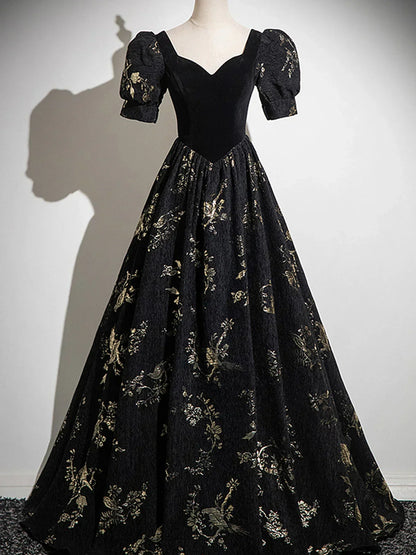 Black A-line Short Sleeves Sweetheart Floral Long PartY Dress, Black Prom Dress HZ1024