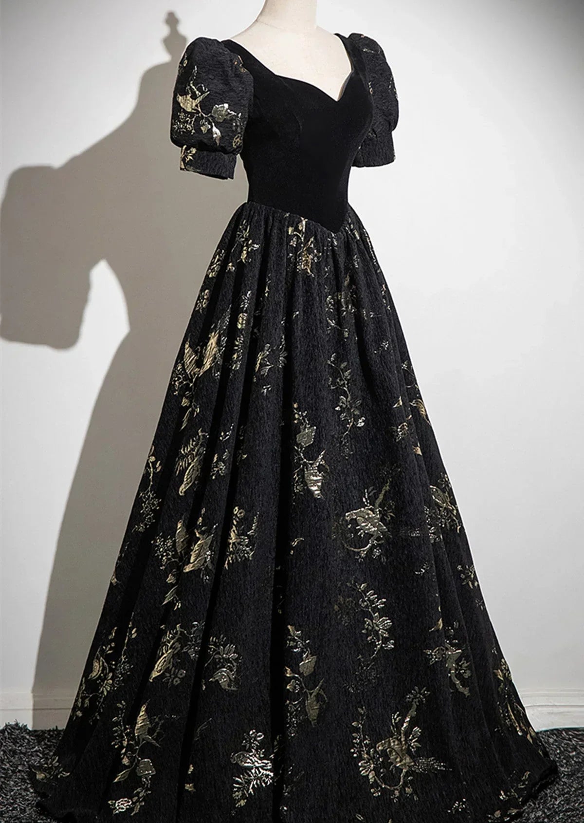 Black A-line Short Sleeves Sweetheart Floral Long PartY Dress, Black Prom Dress HZ1024