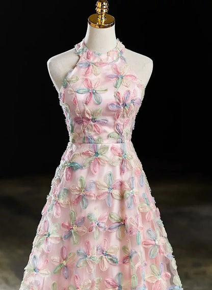 Pink Halter A-line Floral Lace Long Party Dress, Pink Low Back Prom Dress HZ1024