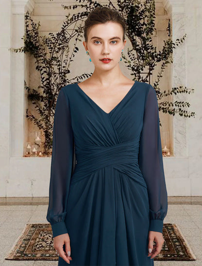A-Line Mother of the Bride Dress Wedding Guest Elegant Plus Size V Neck Floor Length Chiffon Long Sleeve with Ruched Ruffles Side-Draped dress Solid Color