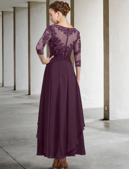A-Line Mother of the Bride Dress Appliques Fall Wedding Guest Plus Size Elegant Scoop Neck Ankle Length Chiffon Lace Sequin 3/4 Length Sleeve with Ruched