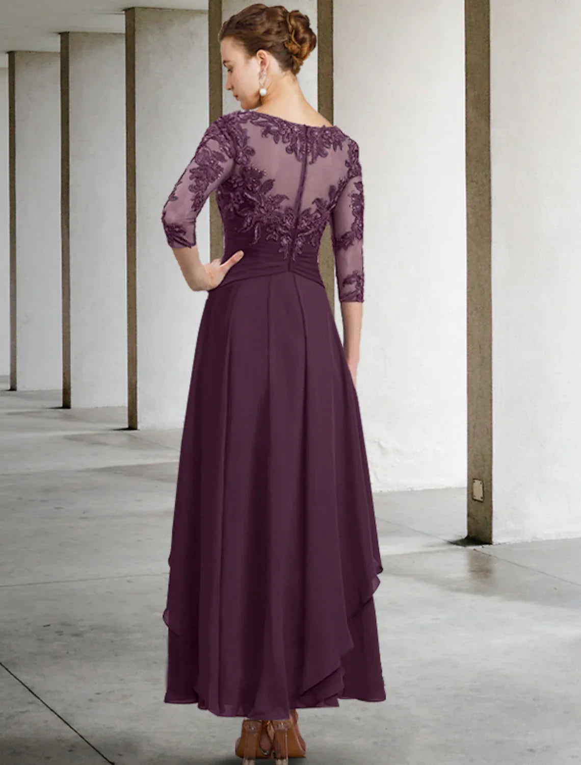 A-Line Mother of the Bride Dress Wedding Guest Elegant Plus Size Jewel Neck Ankle Length Chiffon Lace 3/4 Length Sleeve with Ruched Sequin Appliques