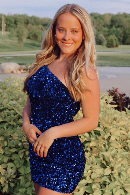 Classic One Shoulder Sleeveless Sequins Tight Party Homecoming Dress