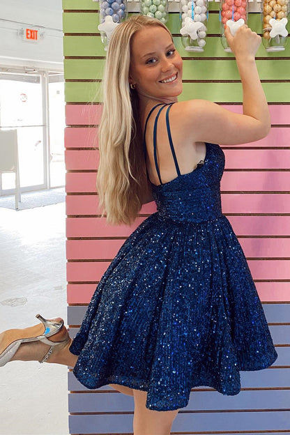 Navy Blue Sequins One-Shoulder A-Line Short Homecoming Dress