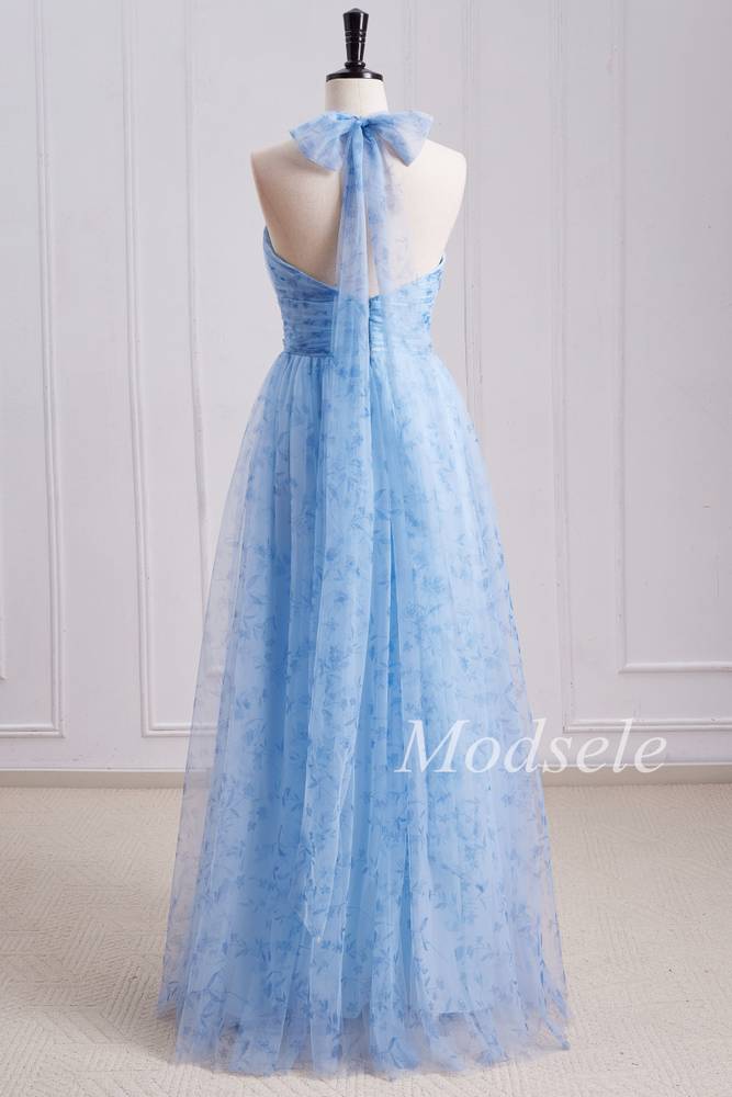 Blue Print Halter Long Bridesmaid Dress with Rosette