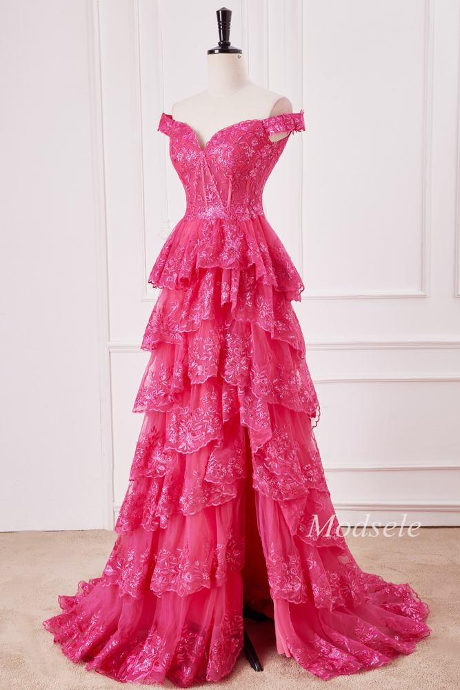 Fuchsia Glitter Appliques Off-the-Shoulder Ruffle Long Prom Dress