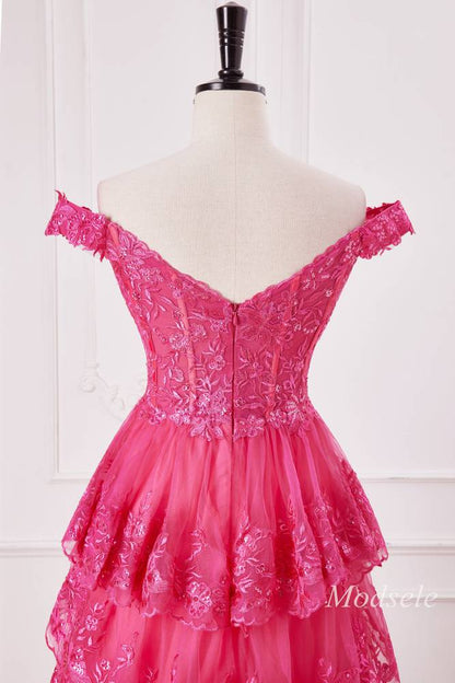 Fuchsia Glitter Appliques Off-the-Shoulder Ruffle Long Prom Dress