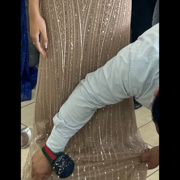 Luxurious Sparkling Champagne V-Neck Beaded Sequin Mermaid Tulle Train Prom Dress Evening Dress cc5597