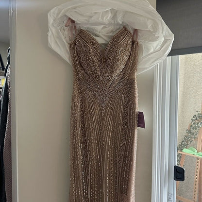 Luxurious Sparkling Champagne V-Neck Beaded Sequin Mermaid Tulle Train Prom Dress Evening Dress cc5597