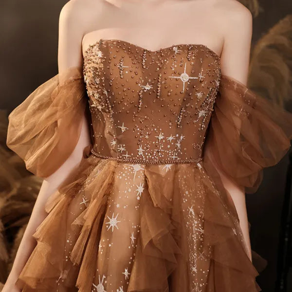 Elegant Champagne Sweetheart Shiny Sequin Ruffle Design A-Line Chiffon Tulle Evening Dress Prom Dress HZ1024