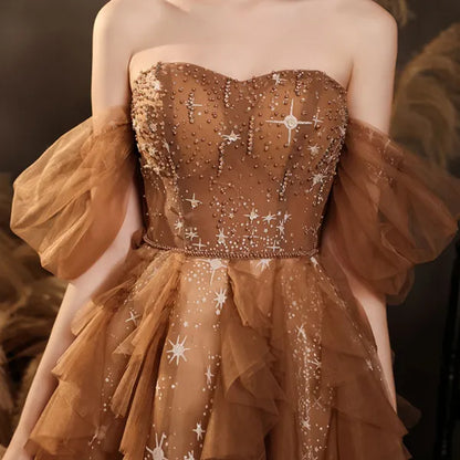 Elegant Champagne Sweetheart Shiny Sequin Ruffle Design A-Line Chiffon Tulle Evening Dress Prom Dress HZ1024