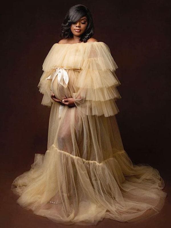 Maternity Wedding Dress Strapless Open Shoulder Lace-Up Tulle Long Bridge Gowns With Train
