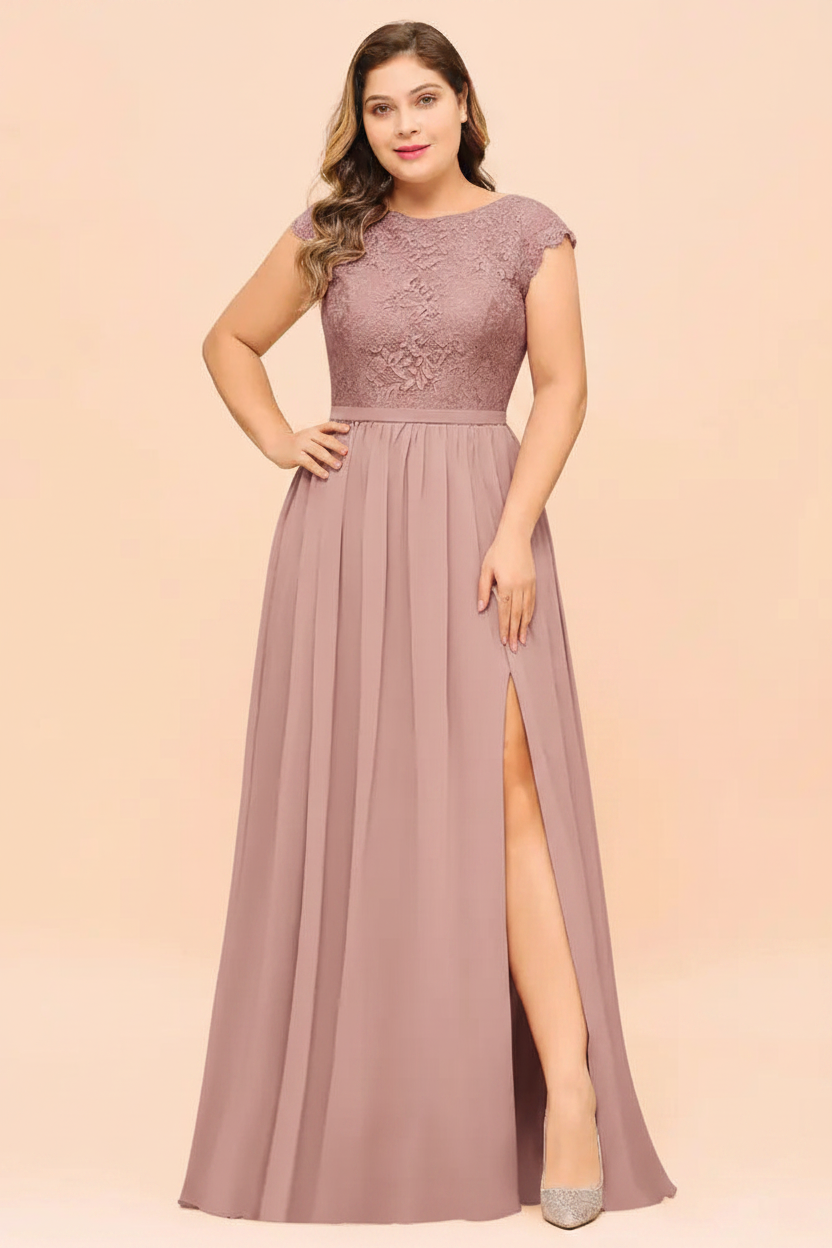 Plus Size Bridesmaid Dress Lace with Split Cap Sleeves Chiffon Wedding Guest Dress