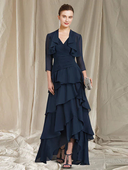 DingjiTwo Piece A-Line Mother of the Bride Dress Elegant High Low V Neck Asymmetrical Floor Length Chiffon Short Sleeve Wrap Included with Ruched Ruffles
