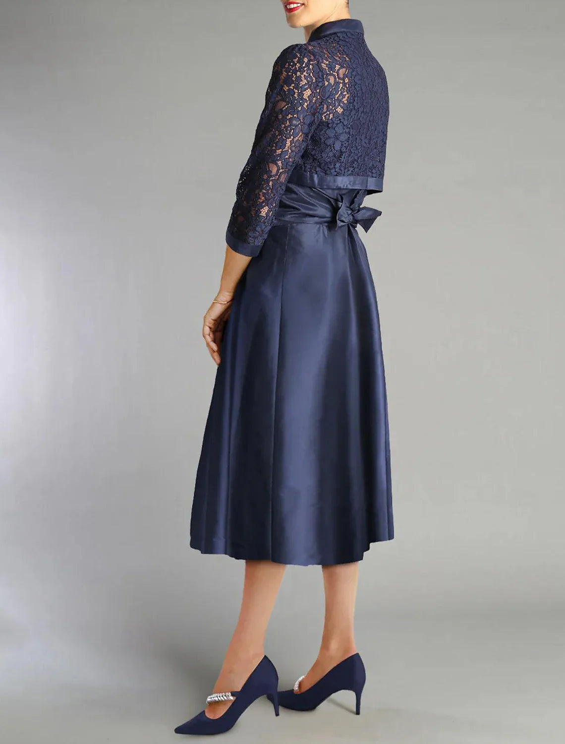 A-Line Mother of the Bride Dress Formal Wedding Guest Elegant Shirt Collar Tea Length Lace Taffeta 3/4 Length Sleeve with Lace Criss Cross