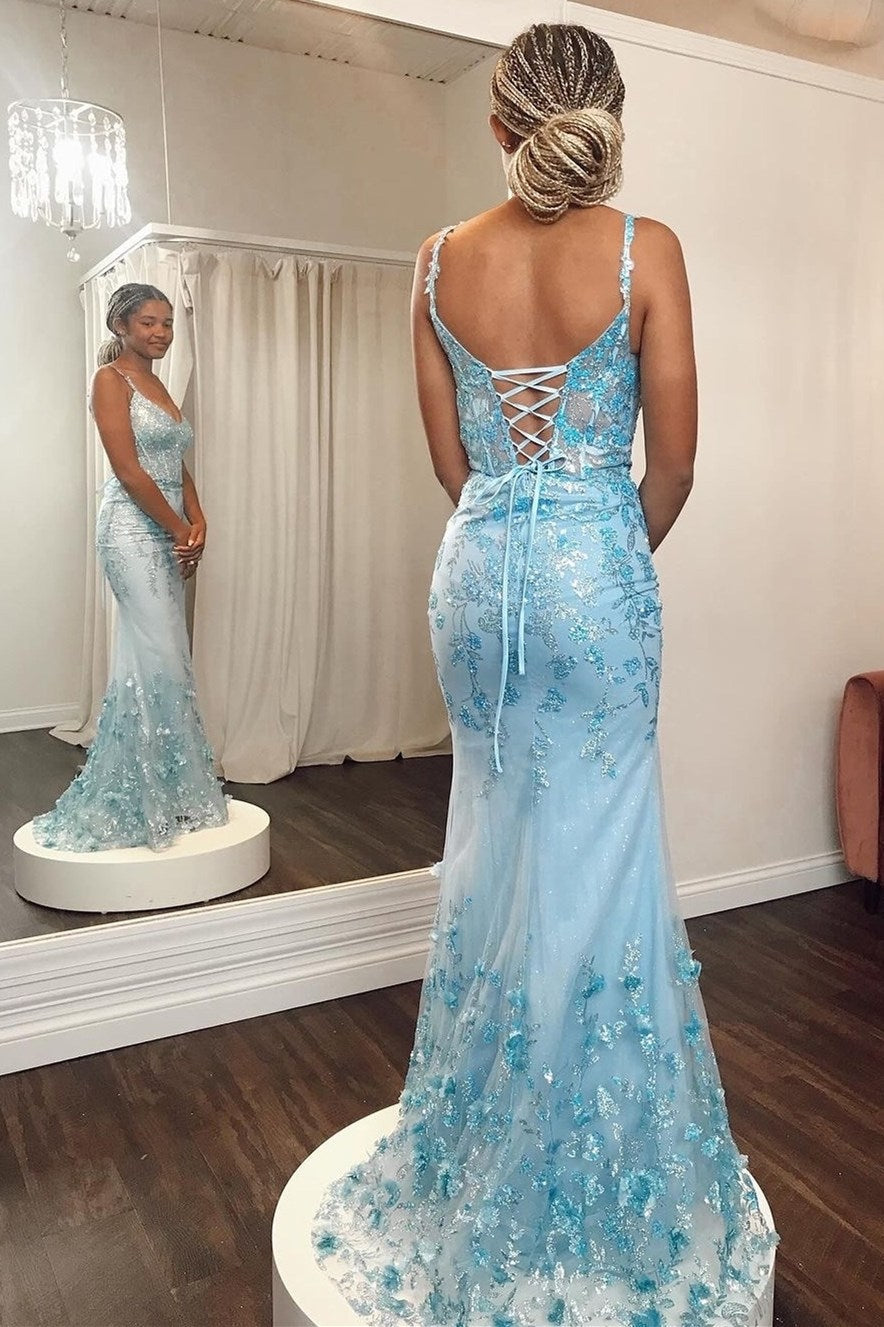 Blue Sequin Lace V-Neck Pageant Dress with Attached Train