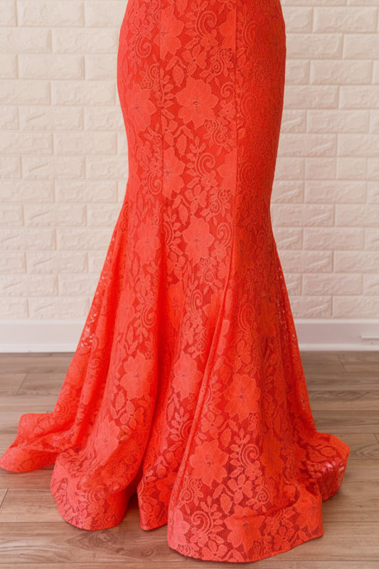 Mermaid Backless Orange Lace Prom Dresses Spaghetti Straps
