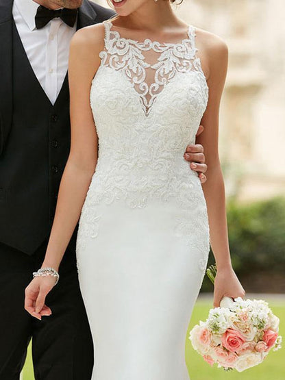 Mermaid Bateau Neck Sleeveless Lace Appliqued Bridal Dresses